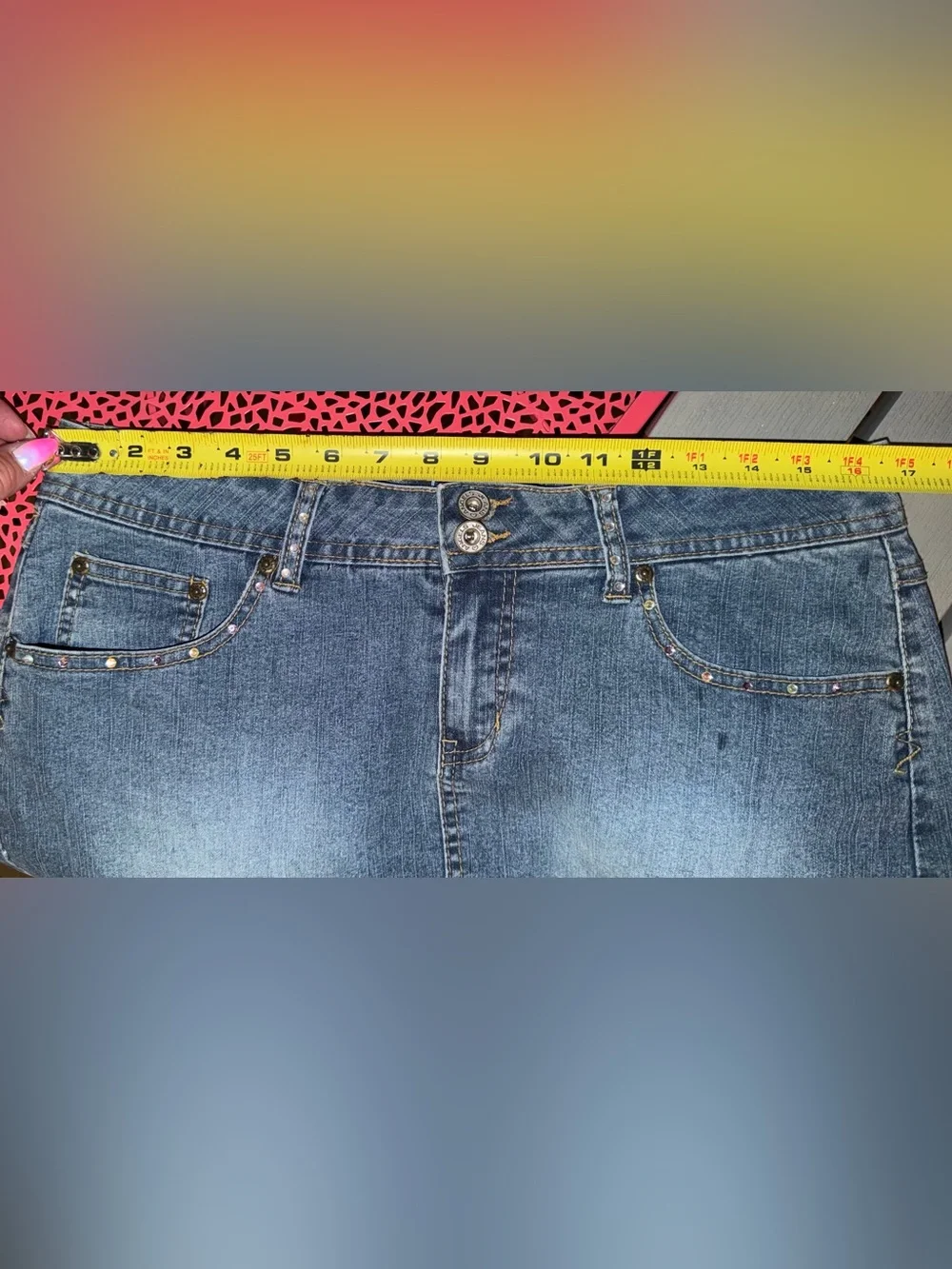 Vintage Y2K Angels Rhinestone Bedazzled Denim Mini Skirt 13, great condition!